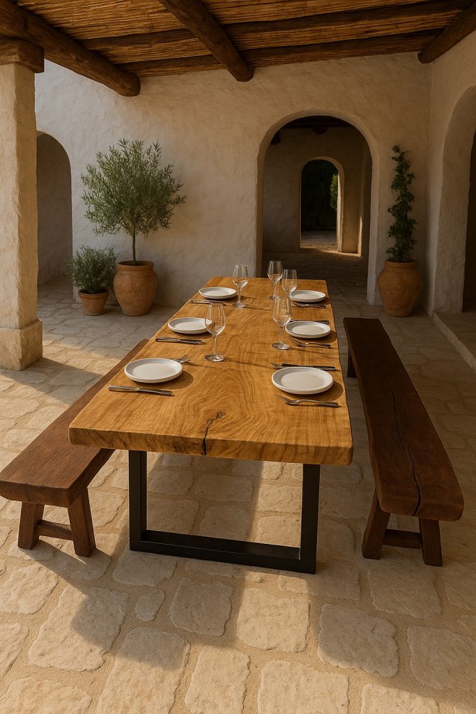 Mesa decorativa de jardín en casa con diseño artesanal, ideal para crear ambientes exteriores elegantes y acogedores en Mallorca