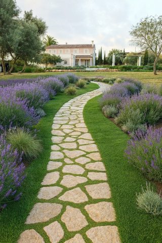Camino decorativo de piedra entre lavanda y césped natural en un jardín de diseño